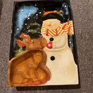 Festive Snowman and Reindeer Ceramic Tray